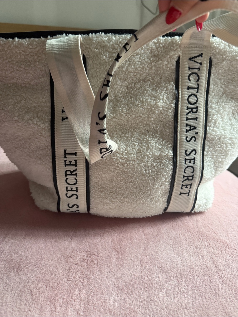 Victoria's Secret Cream Sherpa Tote with Branded Ribbon Handles